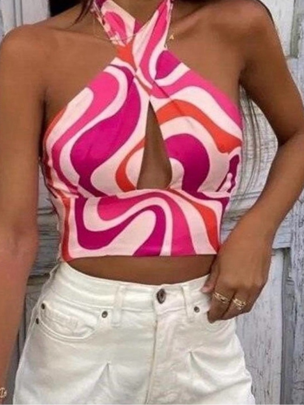 Twisted Halter Crop Top in Pink Swirl